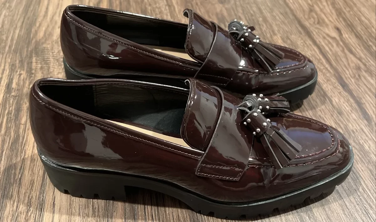 حذاء Zara Woman Burgundy Leather Wedge Loafers