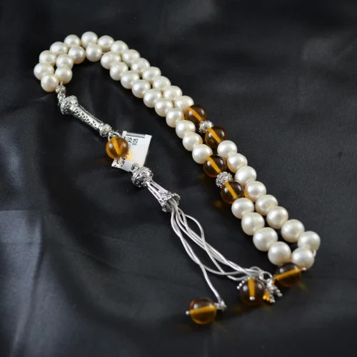 سبحة كهرمان اصلي مع لؤلؤ زراعي وفضة عيار 925