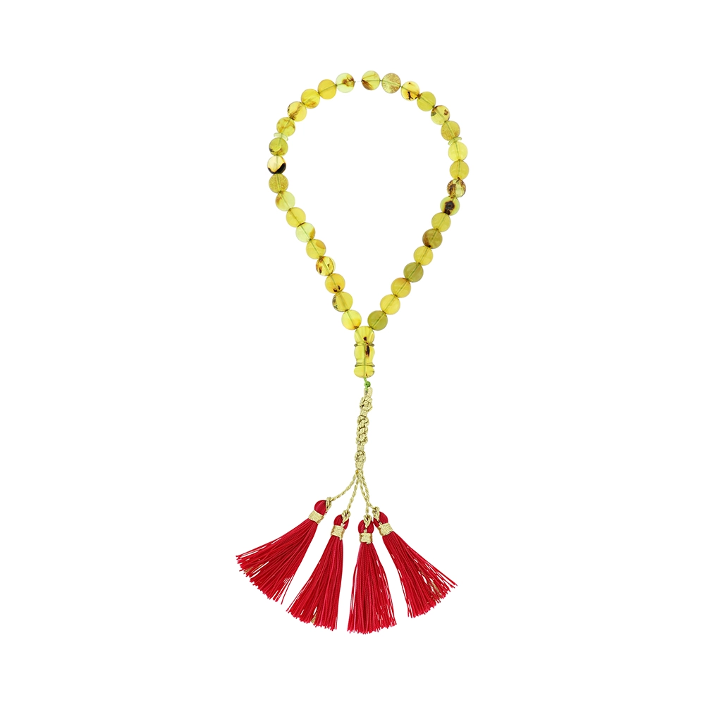 سبحة 33 كهرمان اخضر كولومبي شفاف طبيعي بيلية كابشون 10 مل شرابة قماش