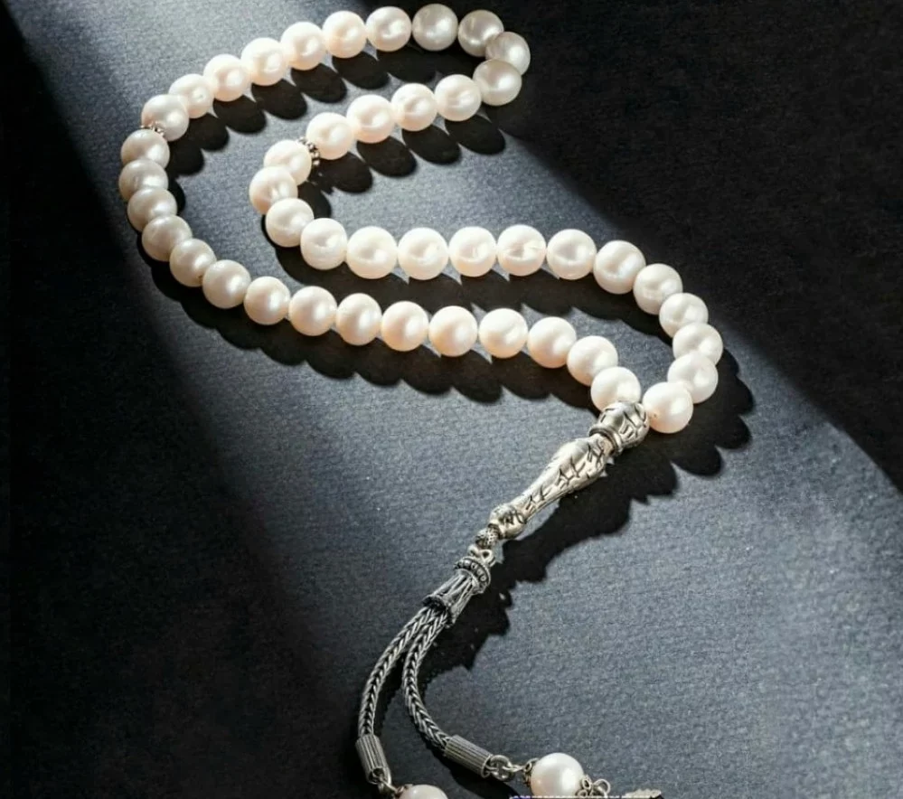 سبحة لؤلؤ طبيعي برأس وفواصل فضة خالصة K-137