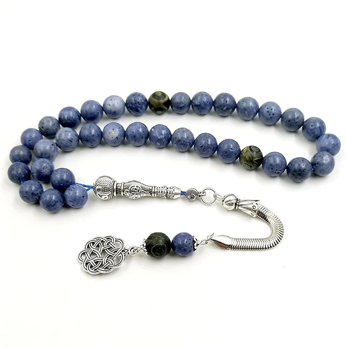 سبحة مرجان ازرق مع عقيق عيون تبتيه