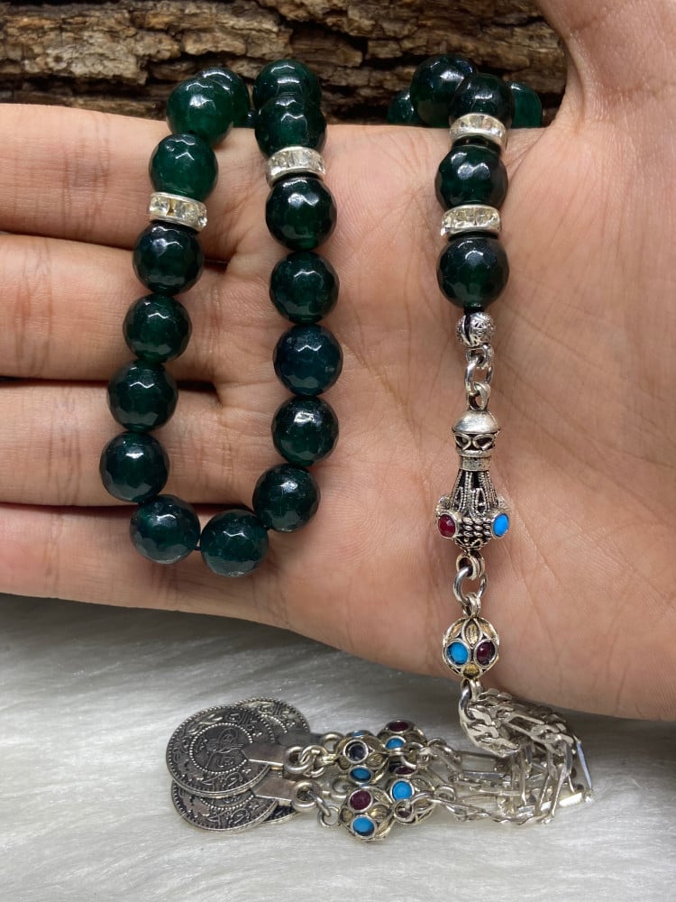 سبحه زمرد برازيلي عدد 33 خرزه كلركوشه انتيمون